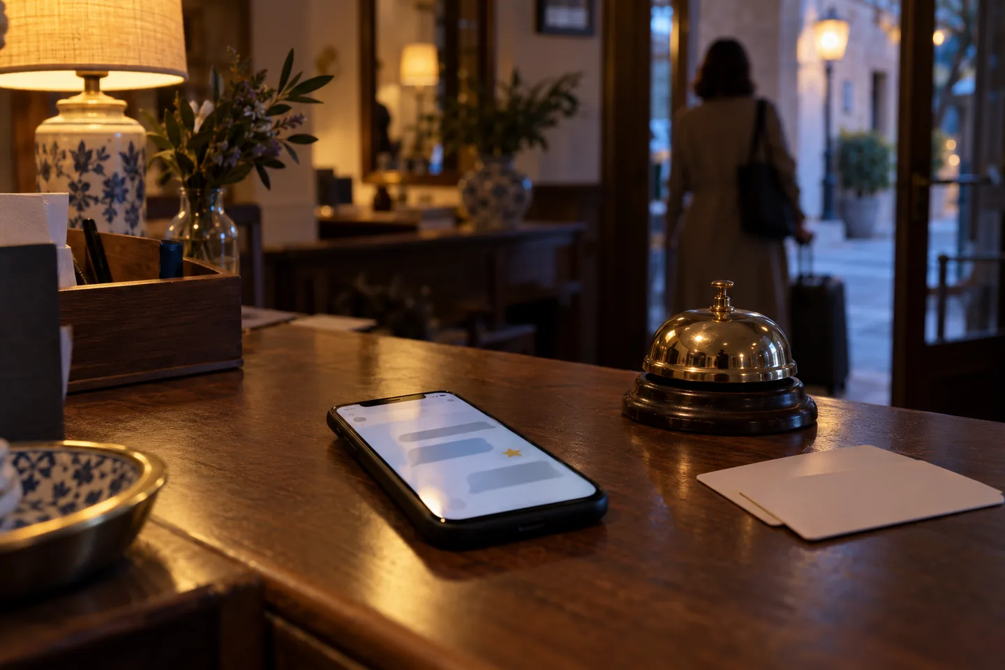 Móvil con una conversación abierta sobre el mostrador de recepción de un hotel, junto al timbre