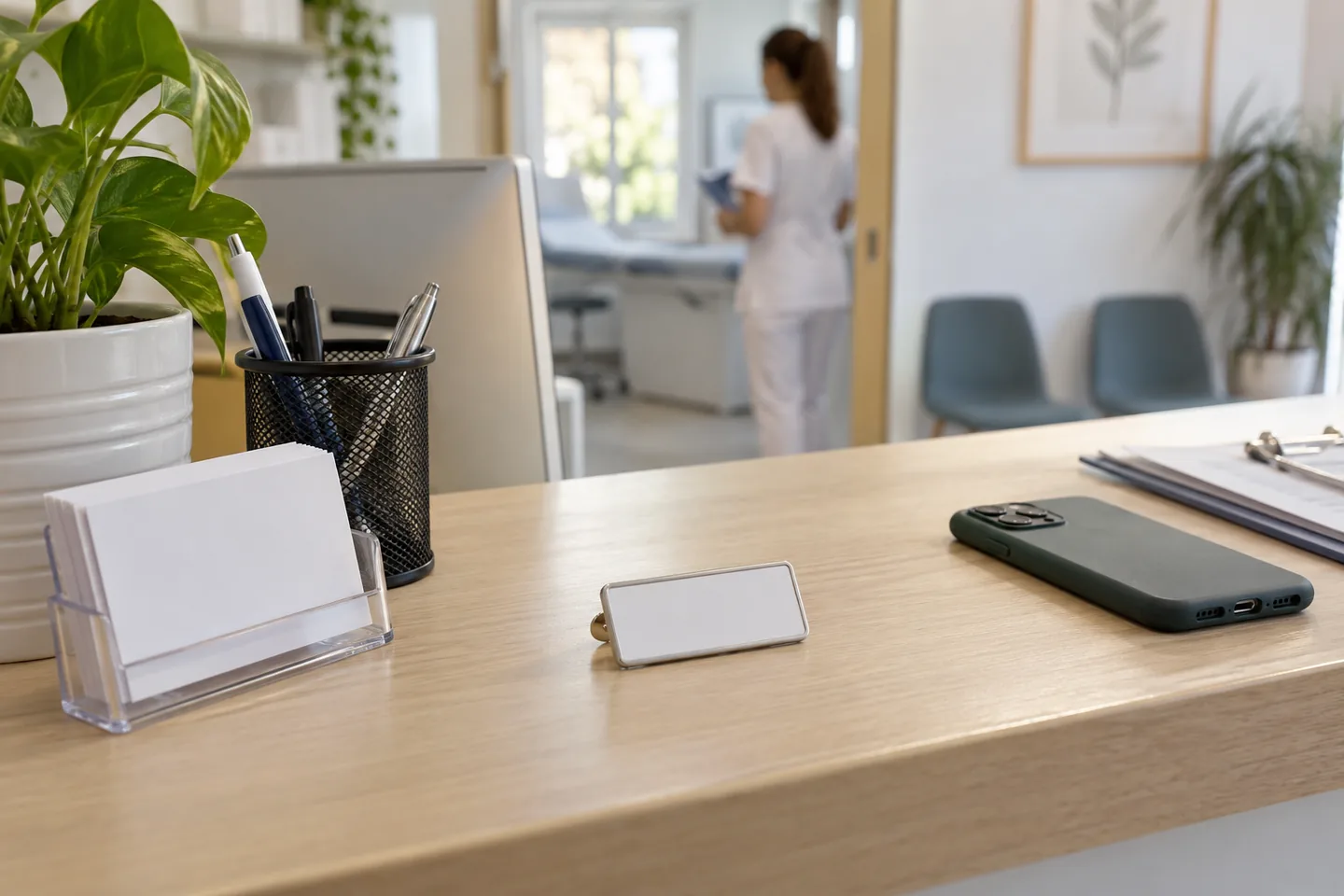 Placa identificativa sobre el mostrador de recepción de una clínica, junto a un móvil boca abajo