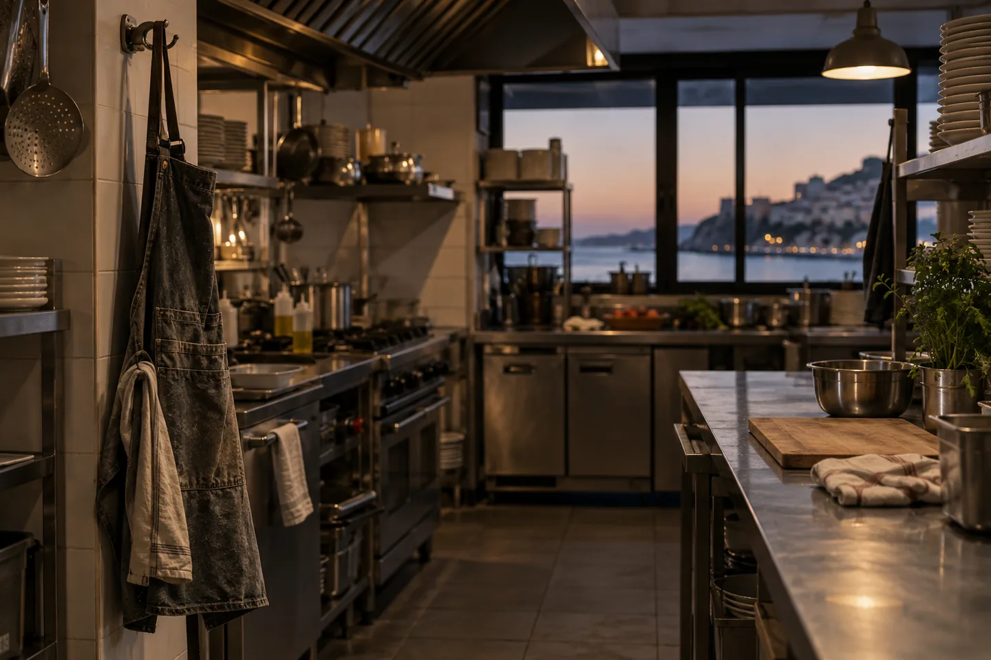 Delantal de trabajo colgado en la cocina vacía de un restaurante al terminar el turno