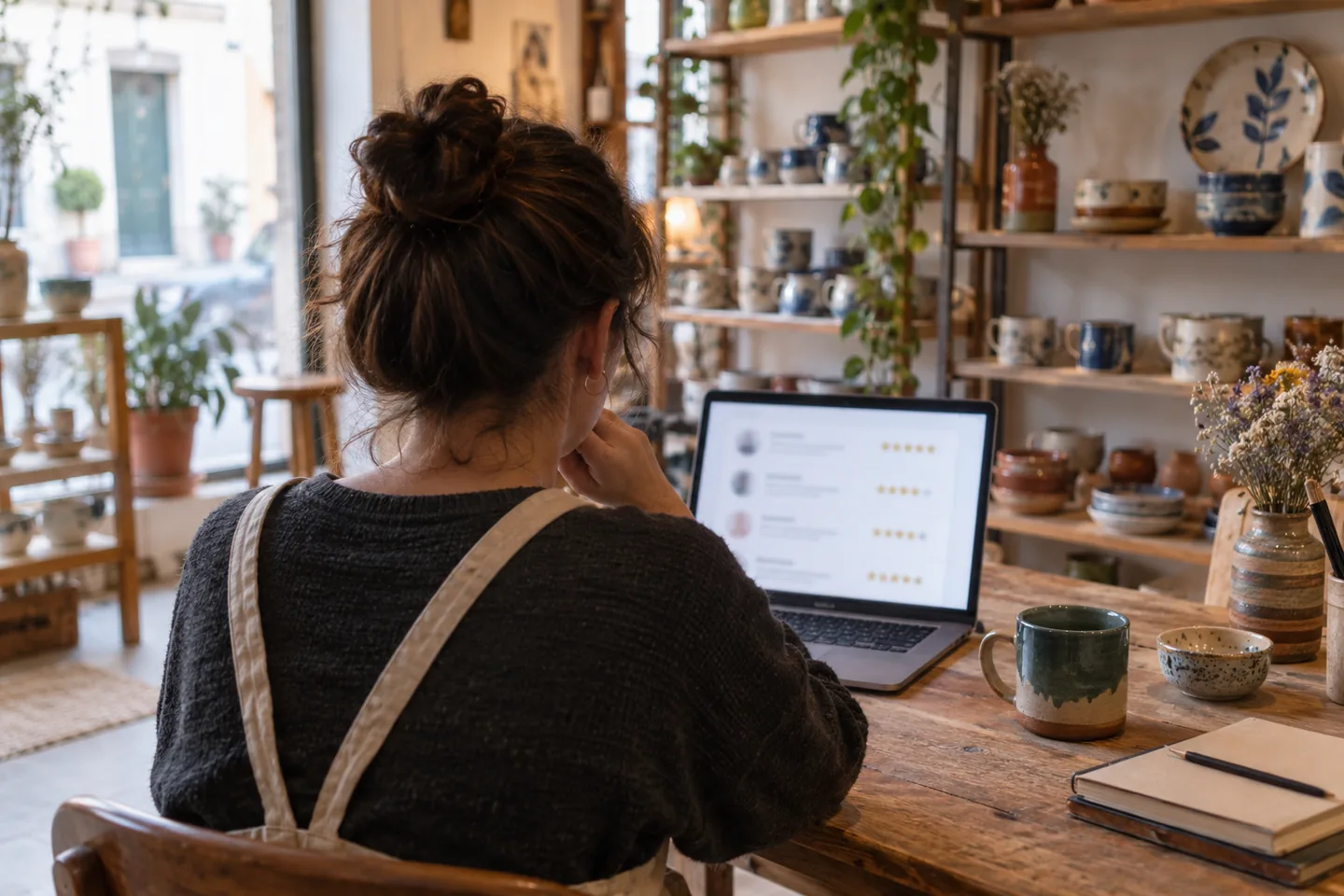 Dueña de una tienda revisando en el ordenador las opiniones de su ficha de empresa