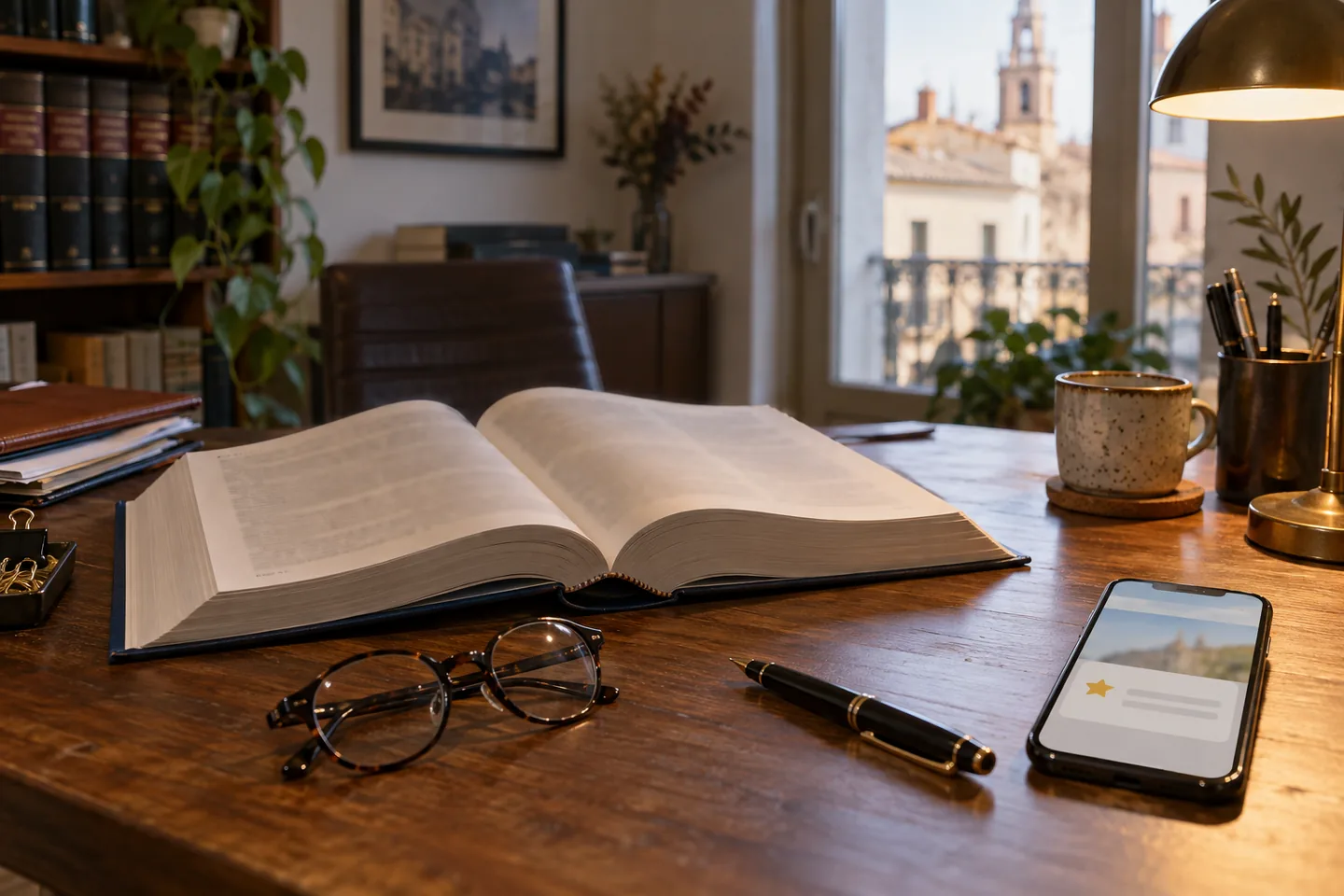 Libro de leyes abierto sobre una mesa junto a unas gafas y un móvil con una opinión en pantalla