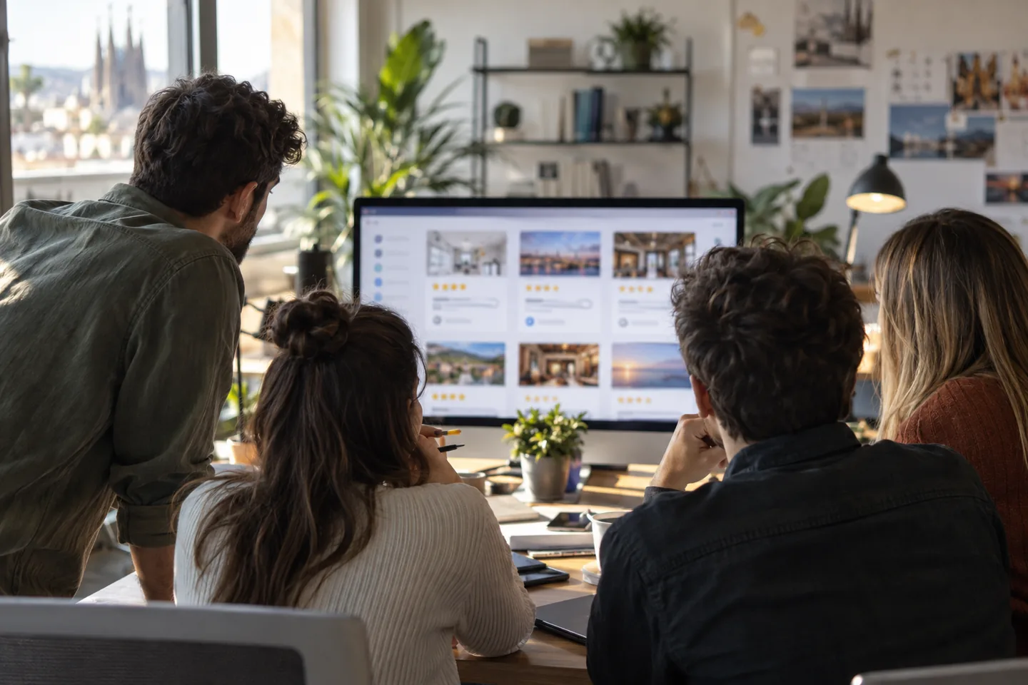 Equipo de una agencia de marketing revisando en una pantalla las fichas de varios clientes para un servicio en marca blanca