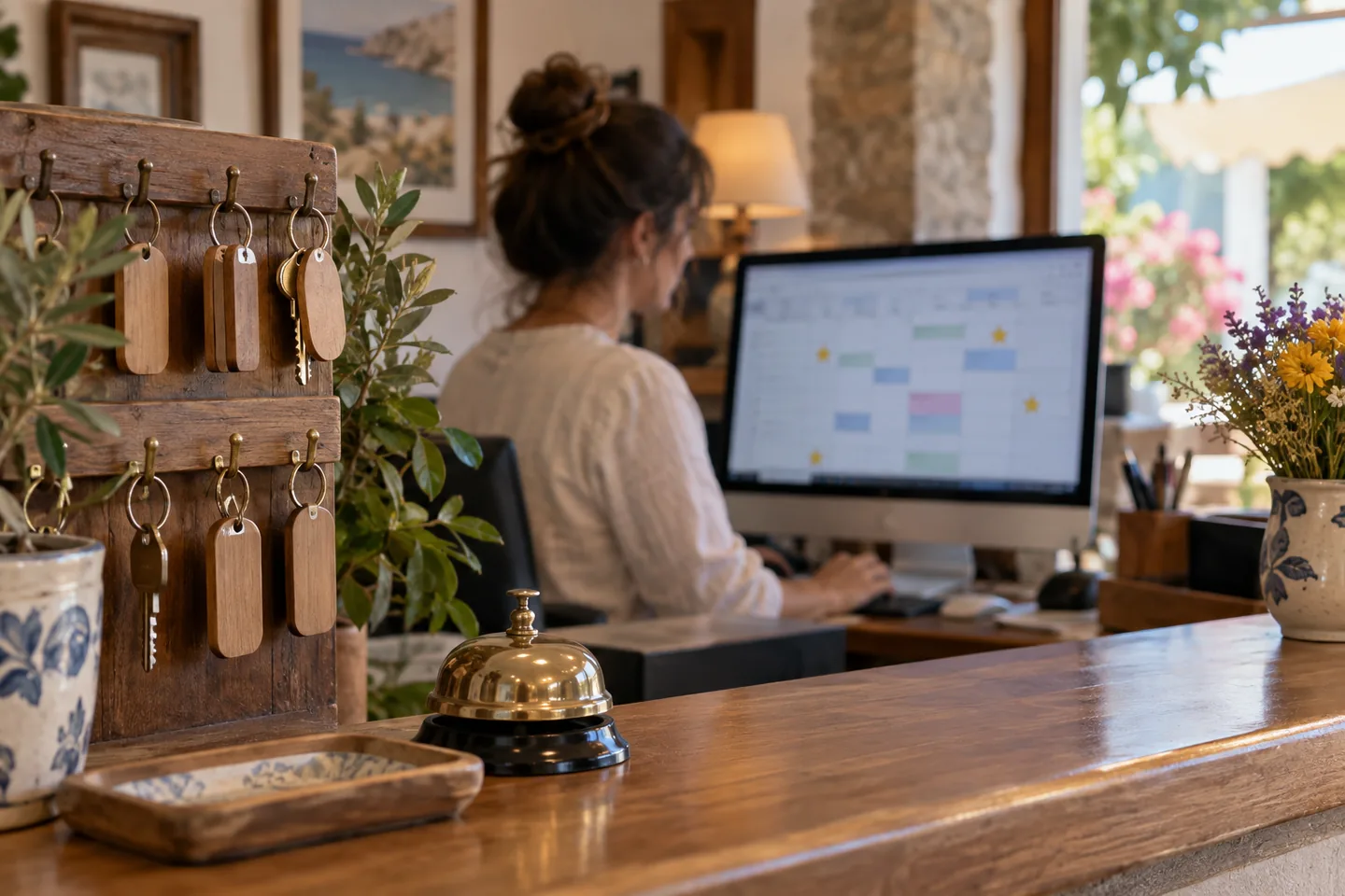 Recepcionista de un hotel pequeño comprobando en el ordenador una reserva cancelada junto a un comentario de huésped