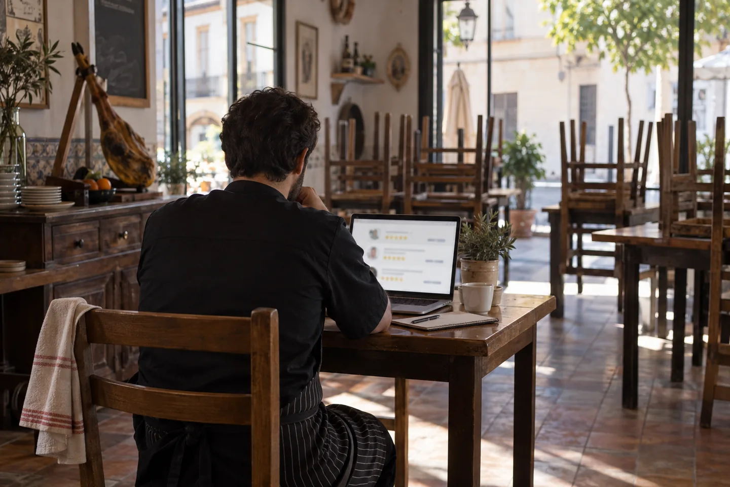 Encargado de un restaurante repasando en el portátil las opiniones de su local antes de abrir