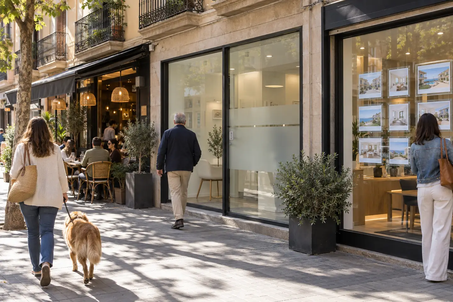 Calle comercial con escaparates de un restaurante, una clínica y una inmobiliaria