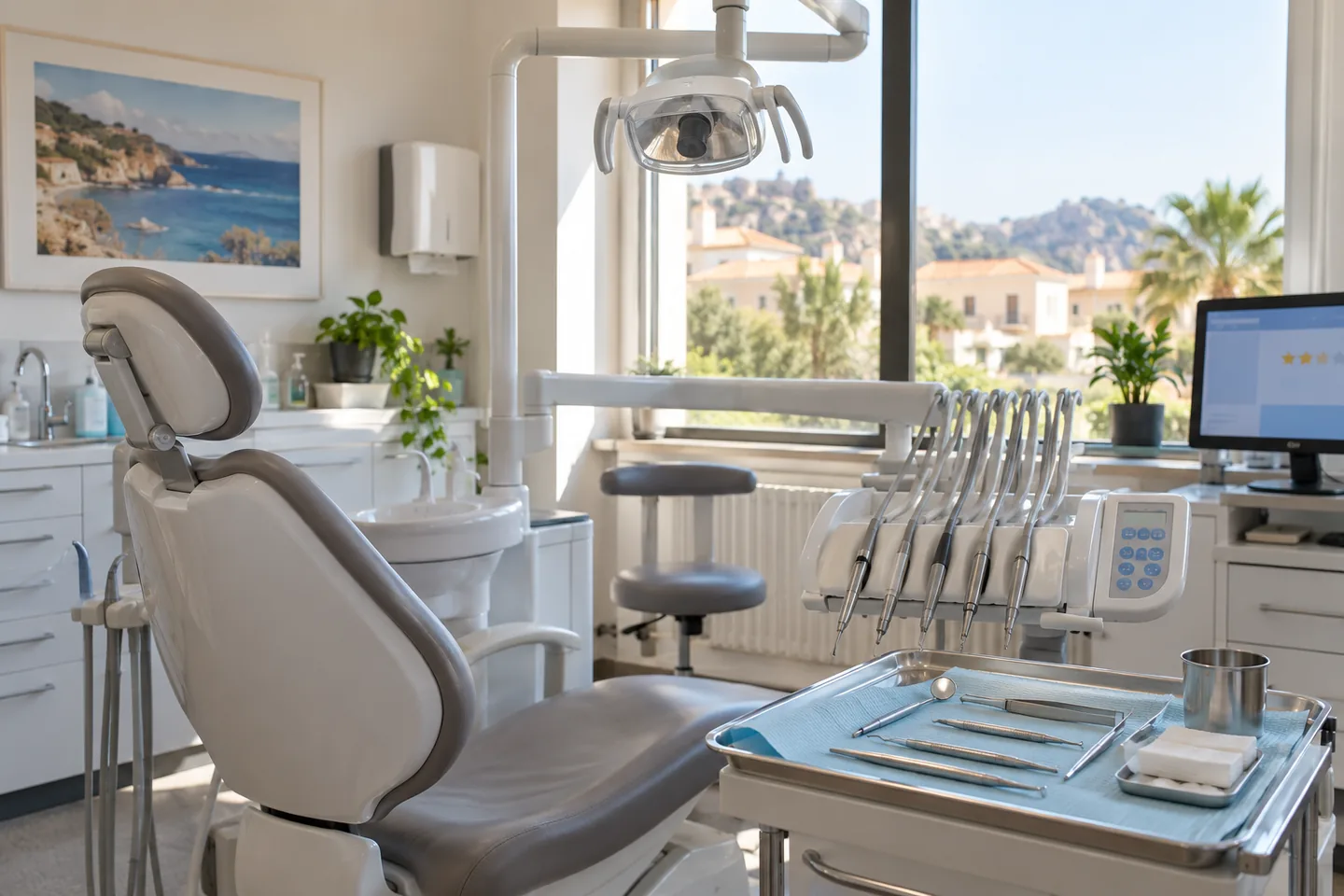 Gabinete dental con el sillón y la lámpara preparados para la siguiente cita