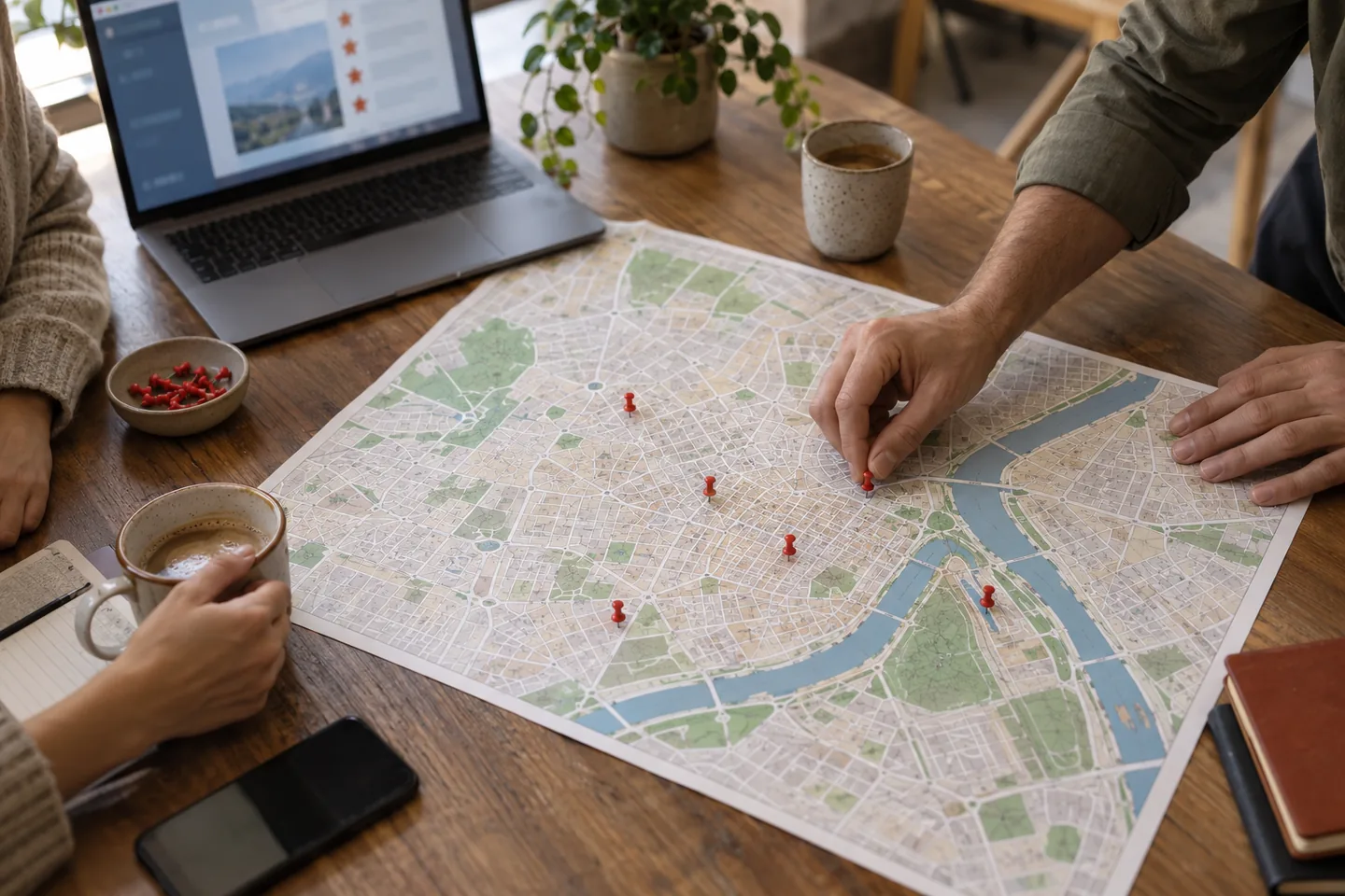 Mapa de una ciudad con los locales de una misma cadena señalados en varios barrios