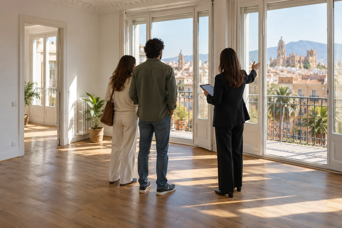 Agente inmobiliaria enseñando un piso vacío y luminoso a una pareja