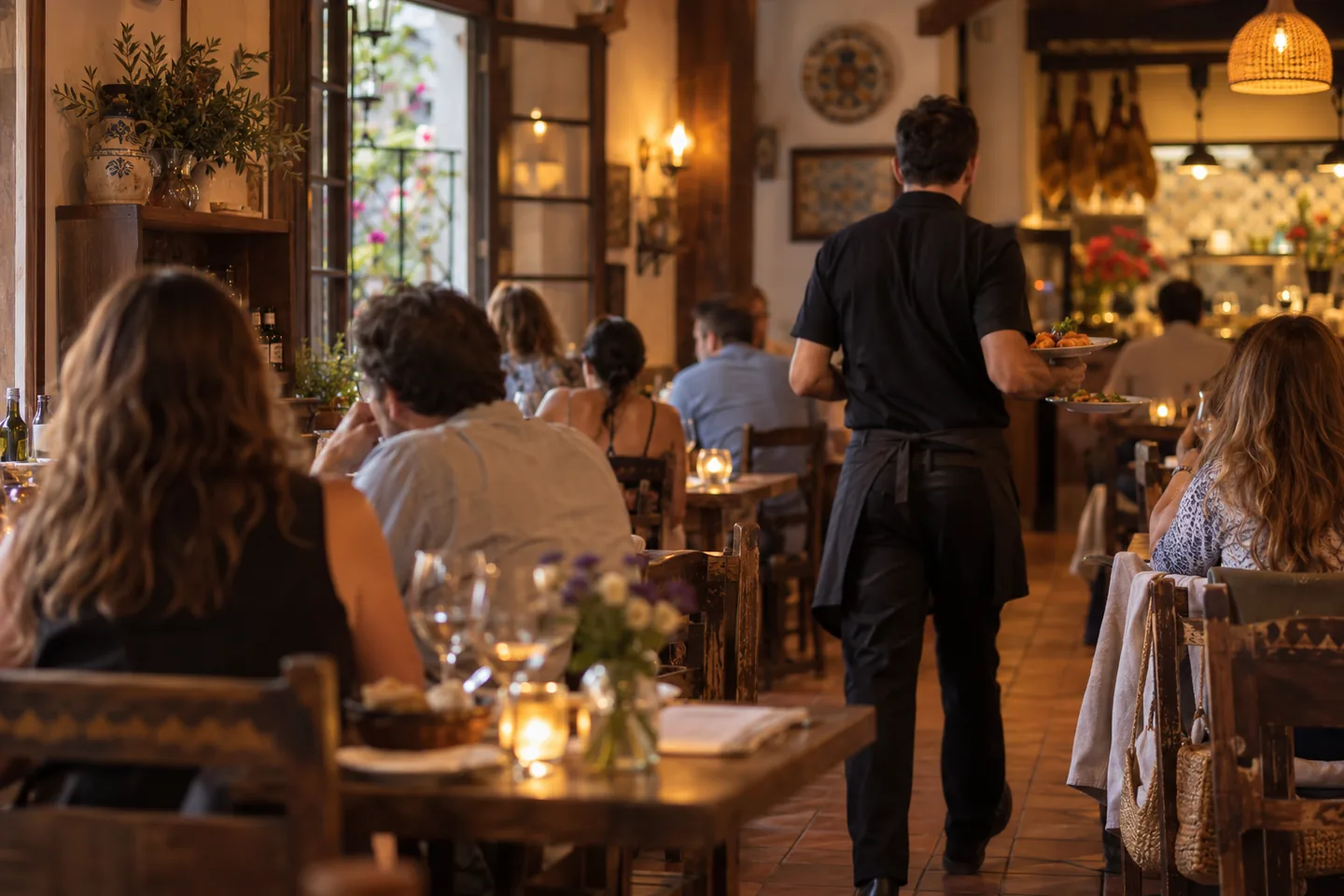 Sala de un restaurante durante el servicio de cena con las mesas ocupadas